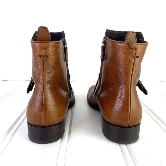 PRADA SAFFIANO BROWN SHOE  2 TONE POLISH LEATHER ANKLE BOOTS BLOCK STRAPPY MEN 6 - Picture 6 of 17